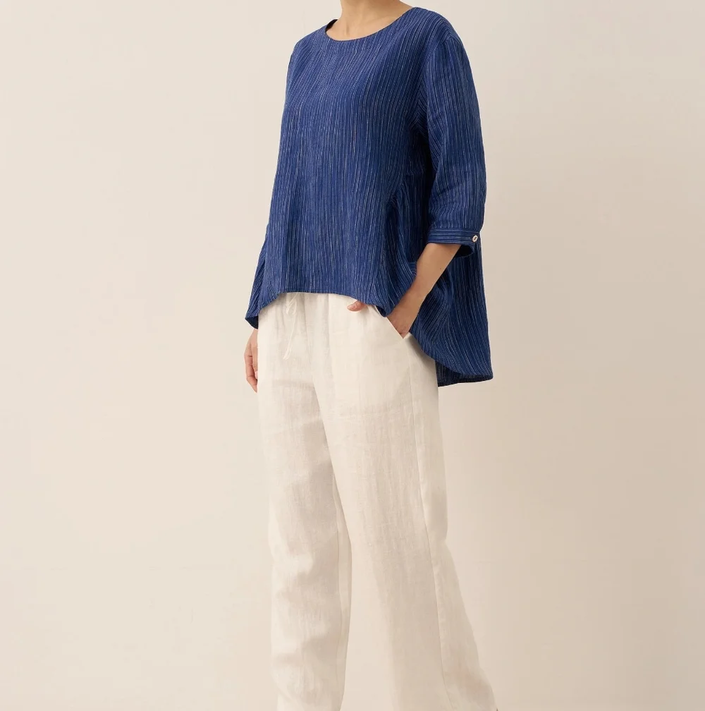 Lintico 100% Linen Florence Top Blue Women's Medium Striped Lagenlook - Picture 3 of 14